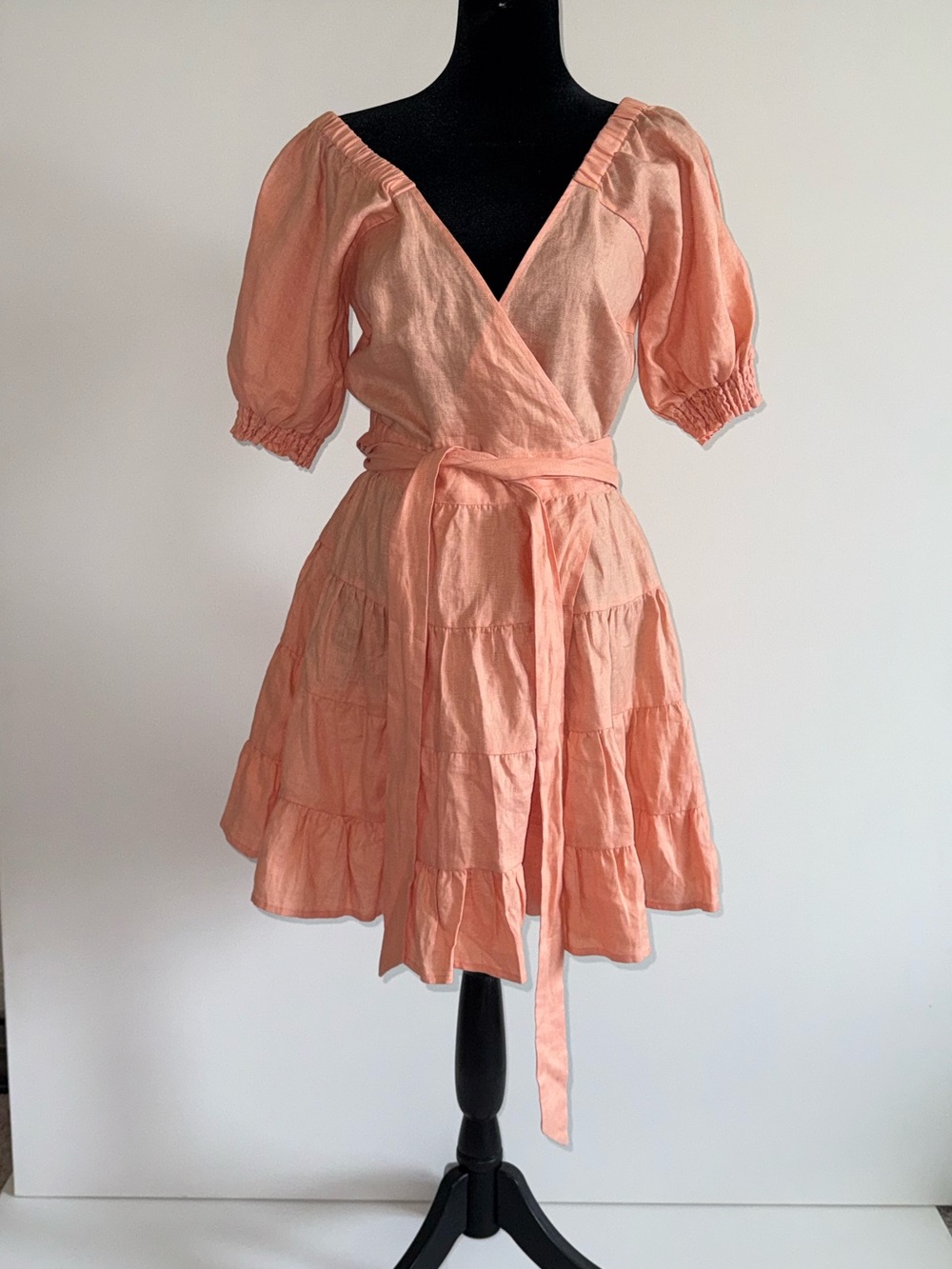 Kivari Peach Linen Blend Wrap Mini Dress/Puff Sleeve/ US 6